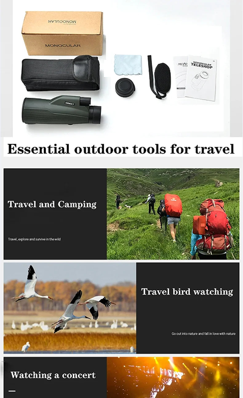 10X50 Monocular Telescope HD Professional With Anti Shake Wristband BAK4 Prism Scope Waterproof for BirdWatching Hiking