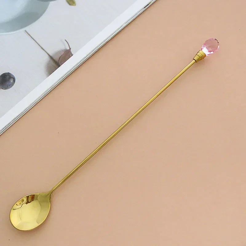 Stainless Steel Diamond Coffee Spoon and Fork Set Creative Crystal Long Handle, Perfect for Desserts, Ice Cream, Cake, and Fruit