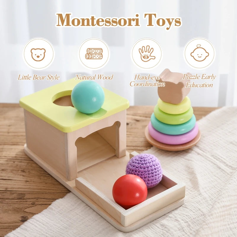 Kid Educational Toy Macaron Wooden Toys Children Montessori Object Permanence Box Hammer Box Coin Ball Textile Drum Drawer Box