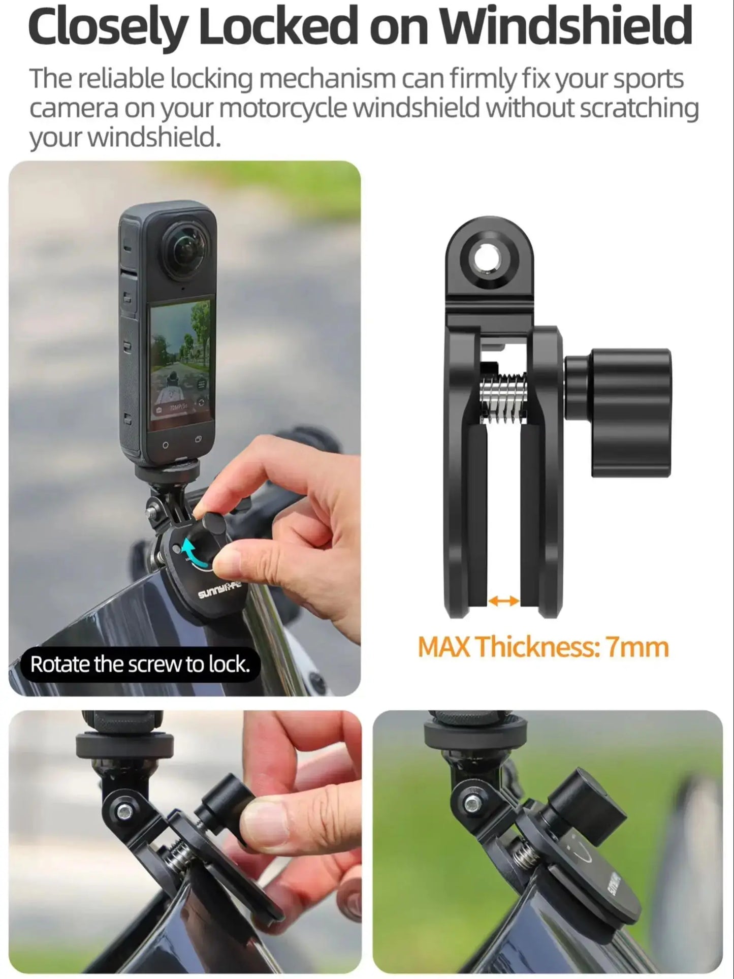 Aluminum Motorcycle Windshield Camera Mount Clamp for GoPro Insta360 DJI Action Cameras