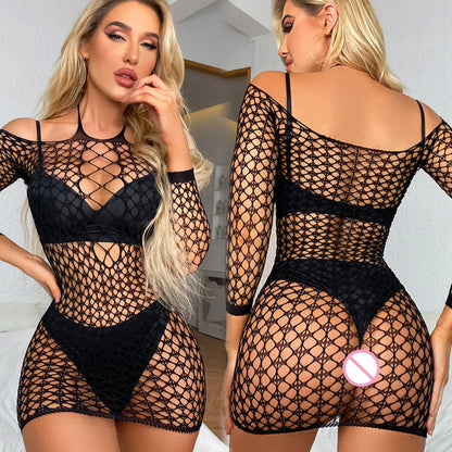 Women's Bodycon Dress Club Party Night Wear Solid Color Tight Lingerie Ladies Mesh Perspective Short Skirt