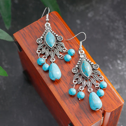 Vintage Bohemian Multiple Leaves Drop Earrings Natural Stone Beads Water Droplets Tassel Dangle Earrings