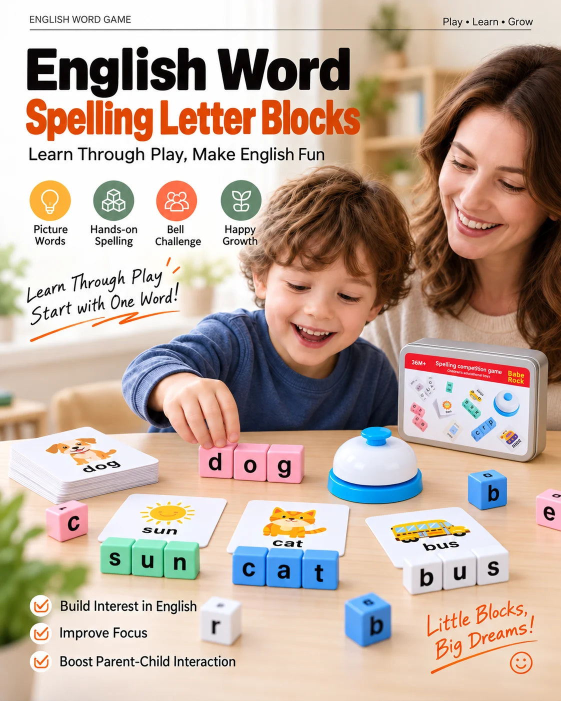 Wooden Alphabet Word Spelling Game with Flash Cards