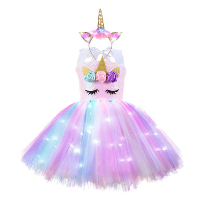 Girls Rainbow Unicorn Light Up Tutu Dresses for Kids Birthday Party Sequins Glowing Knee Length Dress Halloween Animal Costumes