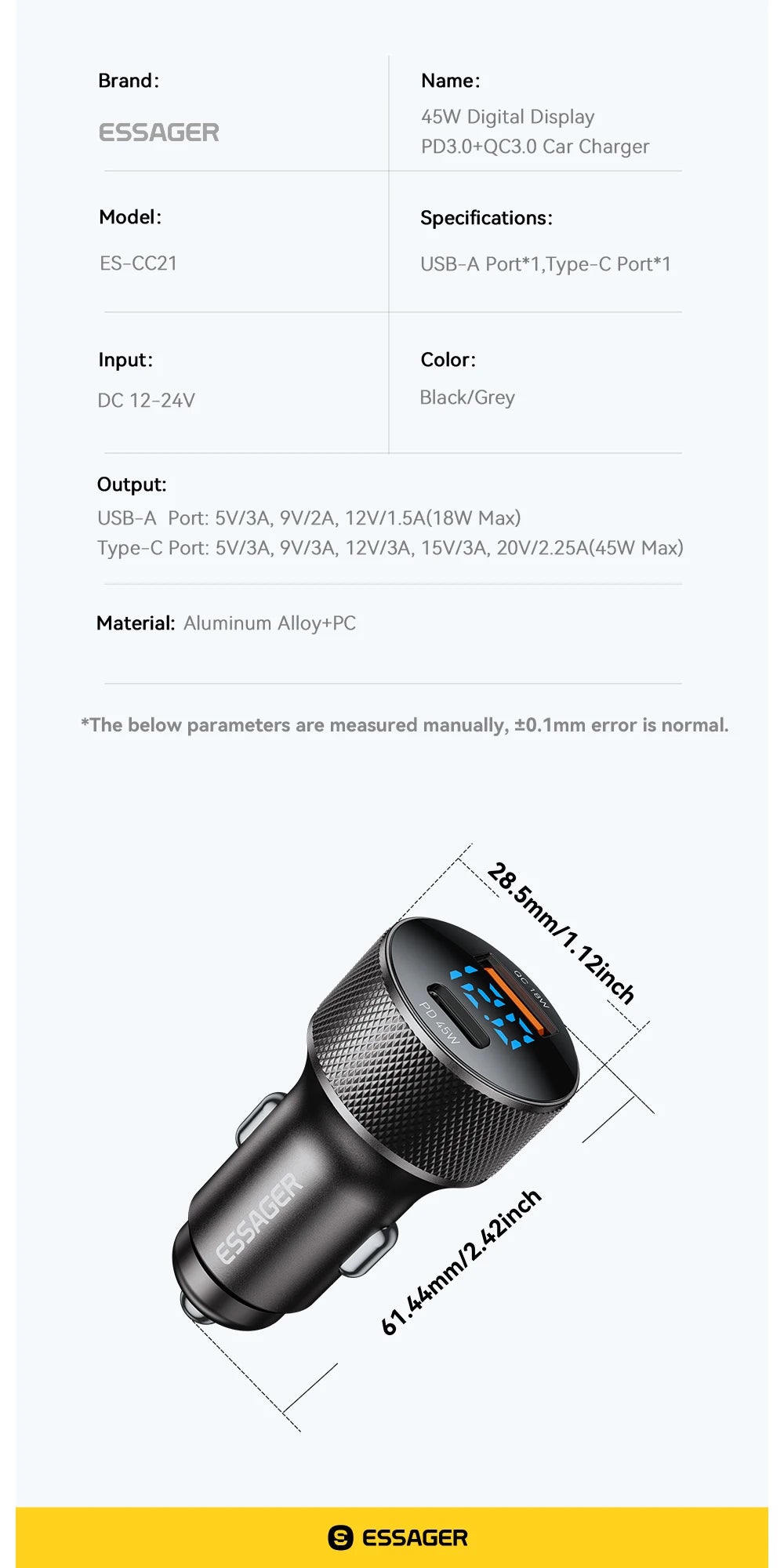 45W USB C Car Charger PD3.0 QC3.0 Fast Charging 2 Port Adapter with Digital Display