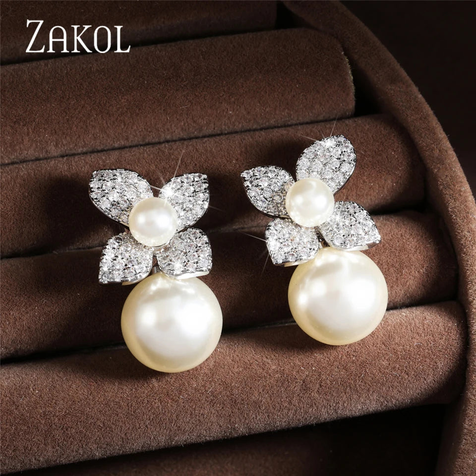 Shiny Imitation Pearl Flower Dangle Earrings for Women Fashion Cubic Zirconia Gold Color Bridal