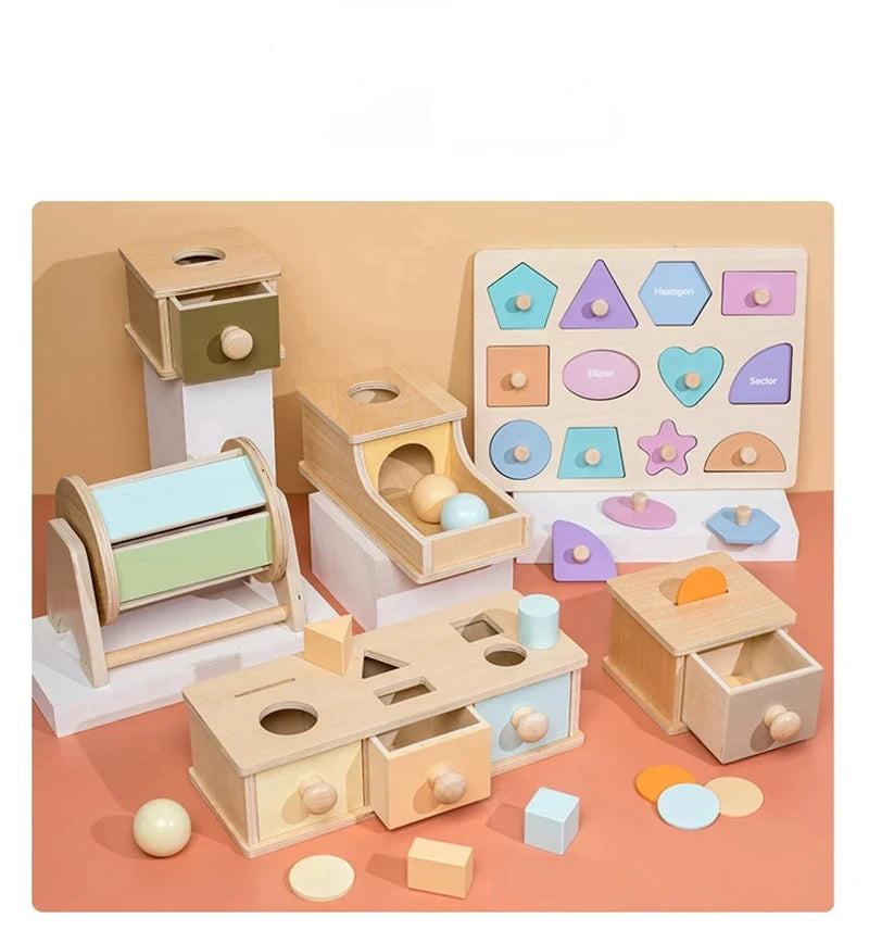 Montessori Coin Ball Box  Toy Wooden Object Permanence Box Macaroon Color Spinning Drum Drawer Box Educational Toys