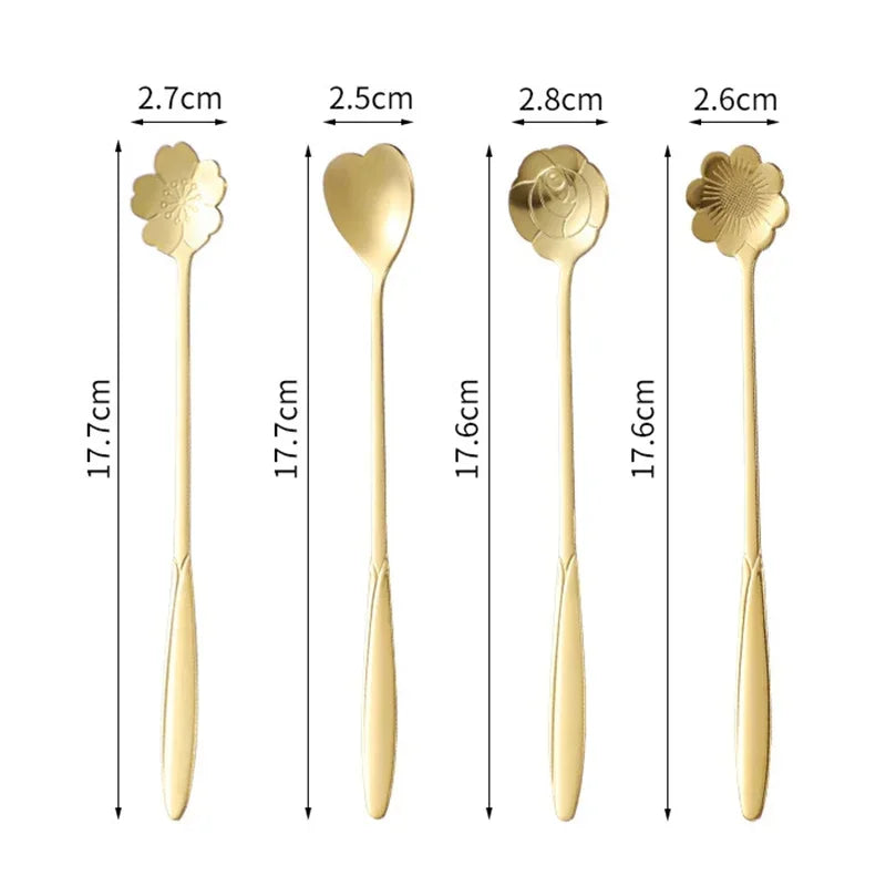 4pcs Long Flower Spoon Stainless Steel Dessert Spoons Gold Long Handle Teaspoon Mixing Scoop for Coffee Cake Kitchen Accessories