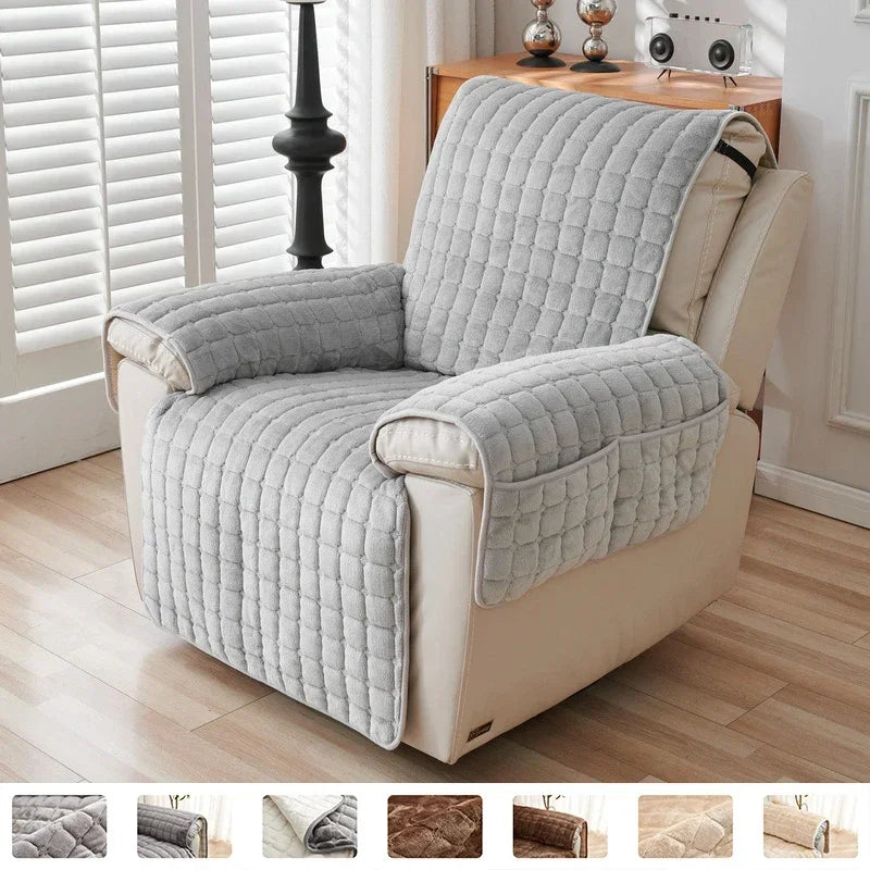 1Seater Recliner Sofa Covers Flannel Plush Armchair Slipcovers with Pockets Lazy Boy Relax Recliners Sofa Mat Chair Cover Home