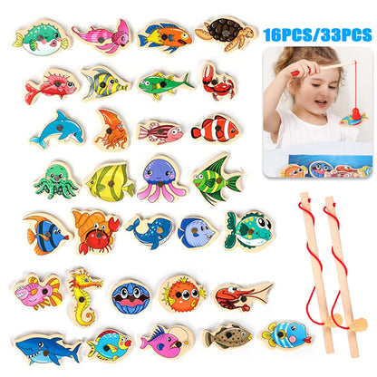 Kids Fishing Toys Montessori Wooden Magnetic Fishing Game Set Cartoon Fishing Rod Educational Toys for Kids Christmas Gift