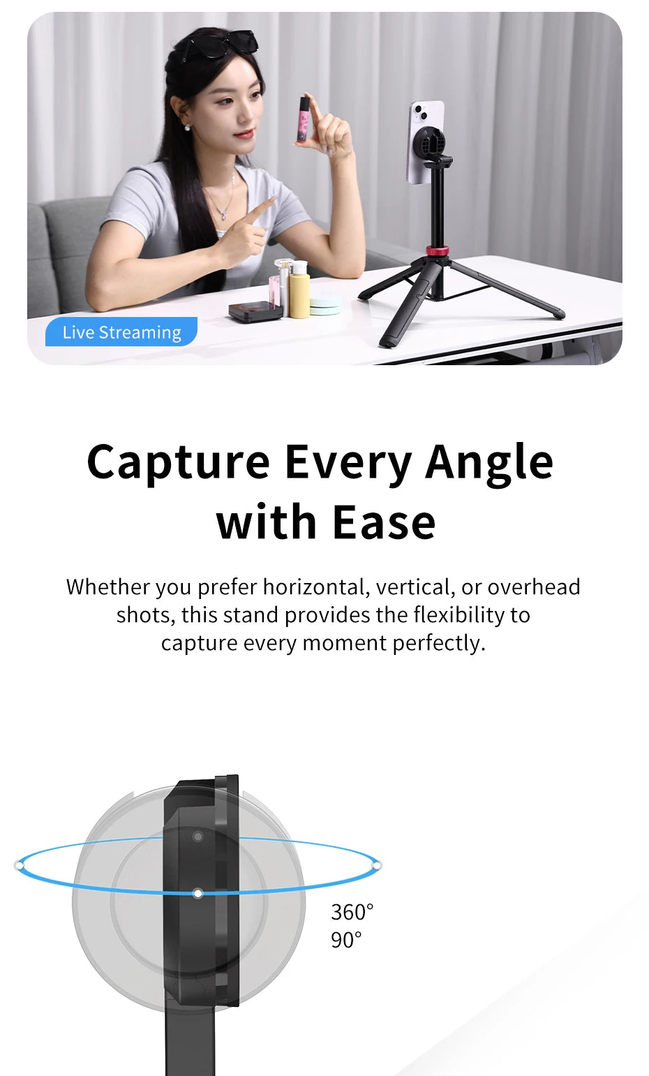 Magnetic Tripod Portable Selfie for iPhone 15 14 13 Pro Pro Max for Live Streaming Vlogging