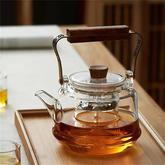 Japanese Heat Resistant Glass Tea Pot with Infuser Copper Wood Handle 1150ml High Borosilicate Tea Kettle