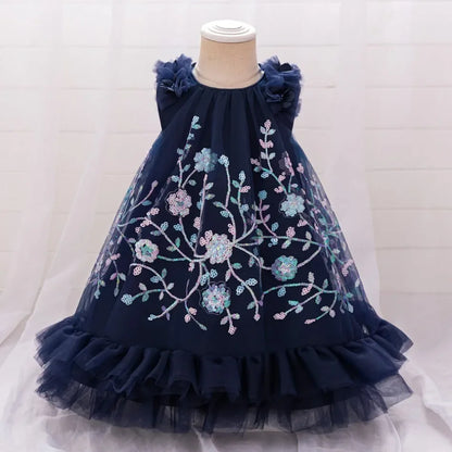 Girls Flower Embroidery Party Tutu Dress Kids Blue Christening Cosplay Dresses Girl Summer Fashion Clothes Children Holiday Wear