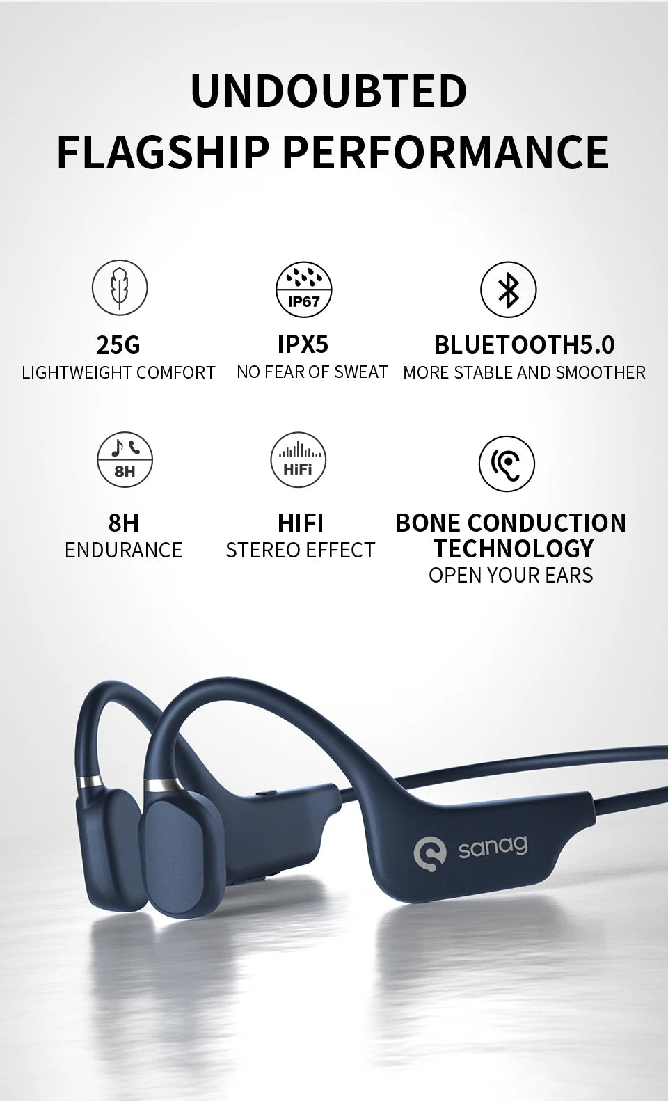 A5X True Bone Conduction Earphone Open Ear Bluetooth Wireless Sport Headphones Waterproof Headset 3D Stereo Sound