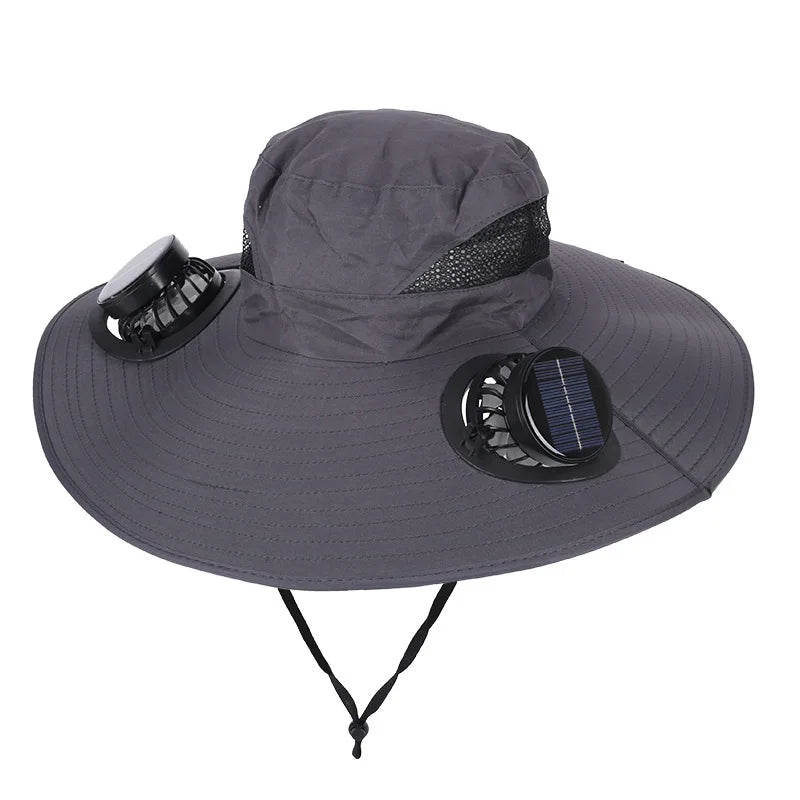 Wide Brim Solar Fan Hat With Dual Fans And USB Charging