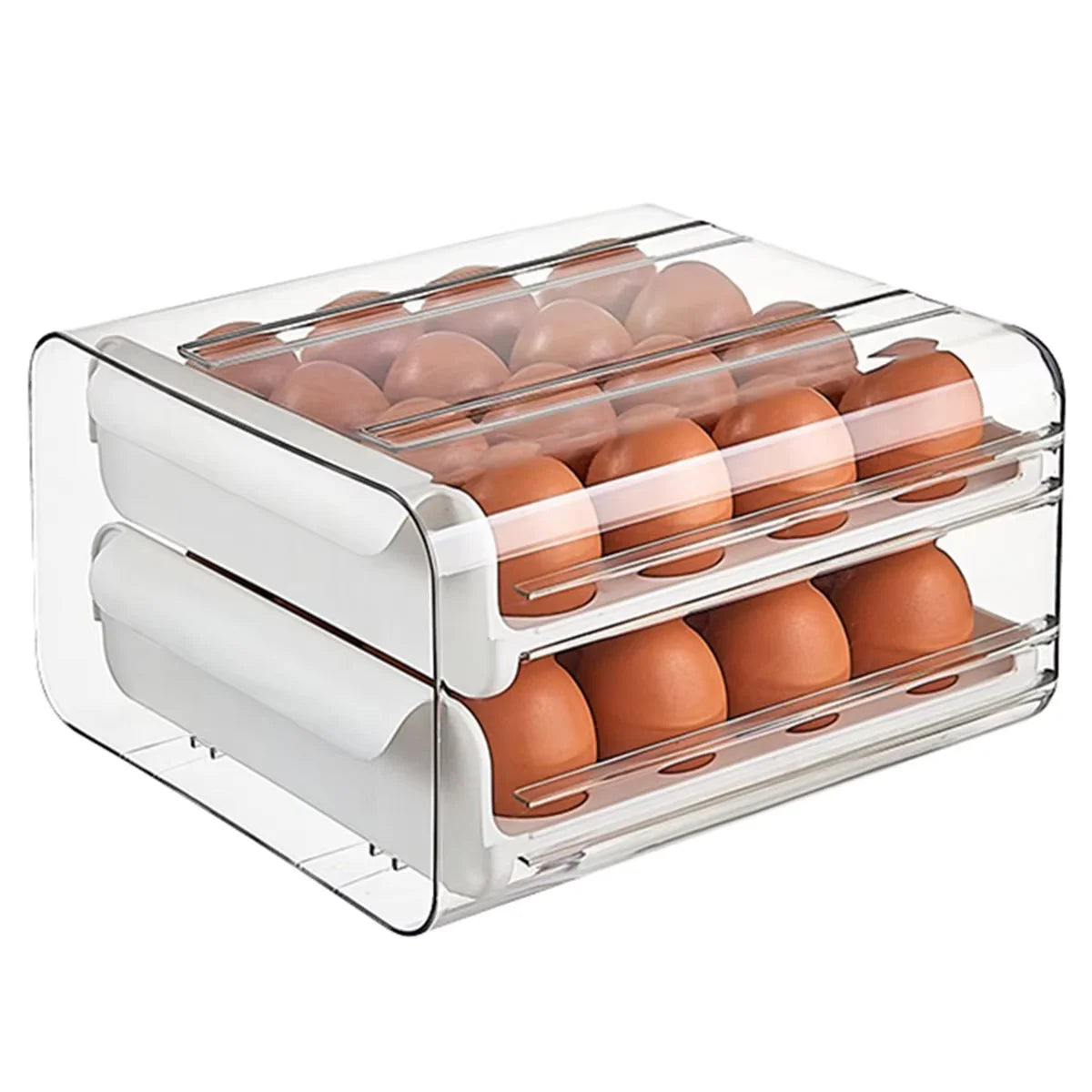 2-Layer 24-Egg Storage Container – Automatic Rolling Egg Holder Space-Saving Refrigerator Organizer