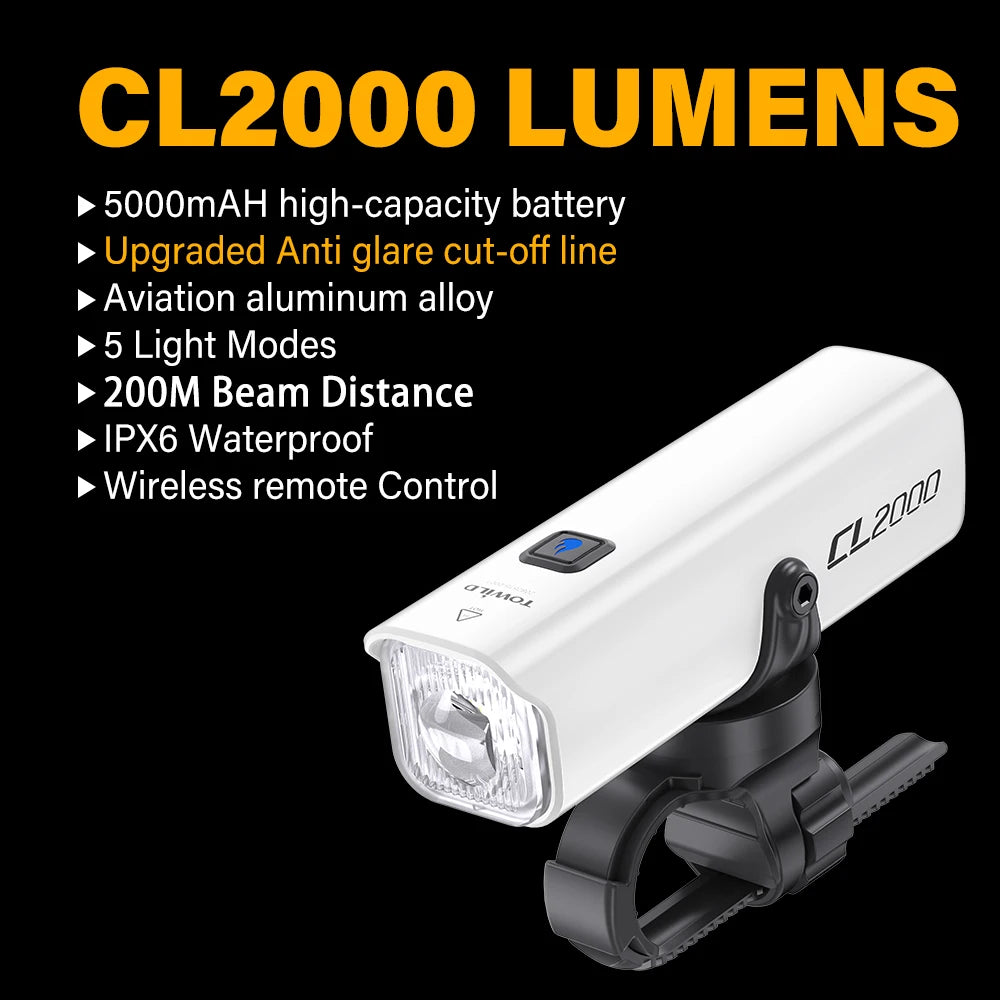 CL2000 Bicycle Light With Cut-off Line Beam 2000LM Rechargeable 5000mAh Led Bike Front Lights IPX6 MTB Cycling Headlights