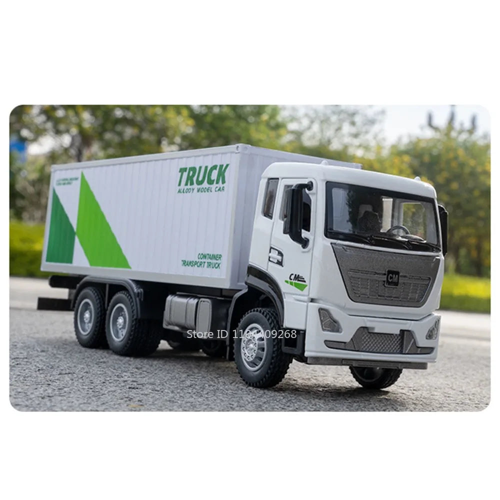 1:32 Scale Container Truck Fire Trucks Model Car Toy Pull Back Music Light Metal Diecast Doors Opened Vehicles Toys for Gift