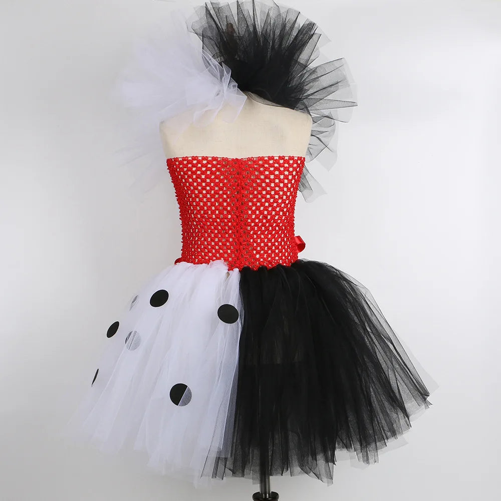 Girls Halloween Cruella Cosplay Costumes Girls Party Tutu Dress Black And White Tulle Frocks Kids Evil Role Playing Outfits