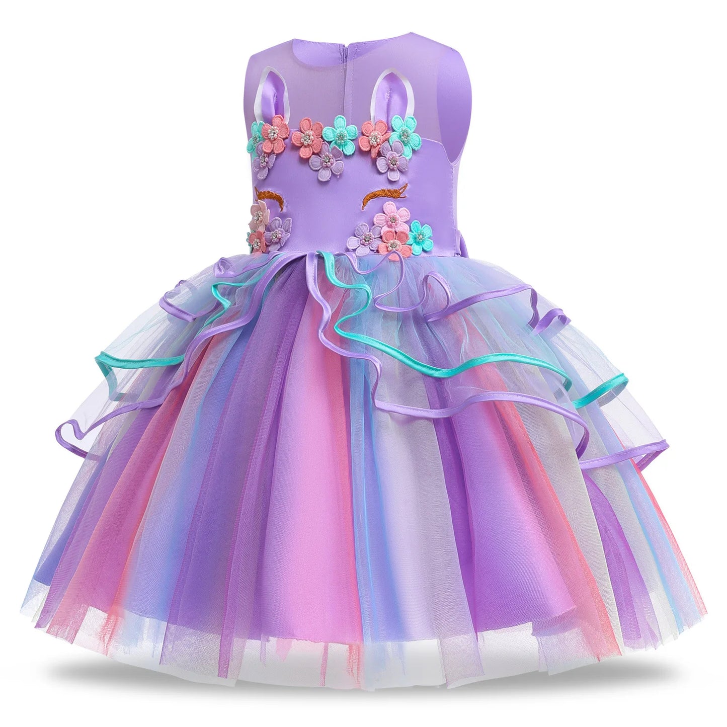 Rainbow Unicorn Princess Dress with Bow and Tulle Skirt Birthday Party Costume