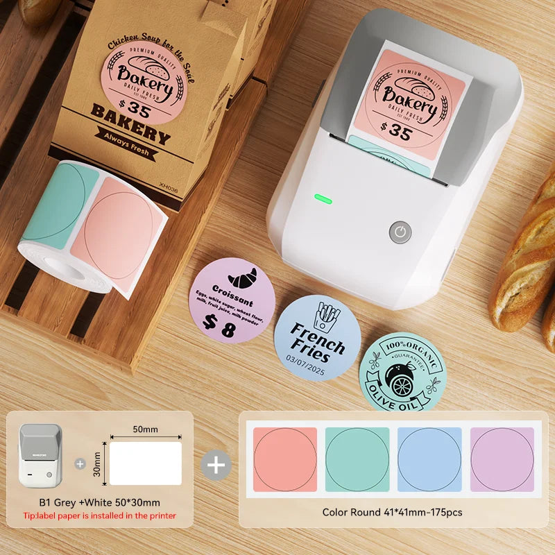 B1 Thermal Label Printer, Bluetooth Portable Sticker Maker 20–50mm, Inkless Barcode Price Tag Label Machine for Business & Food