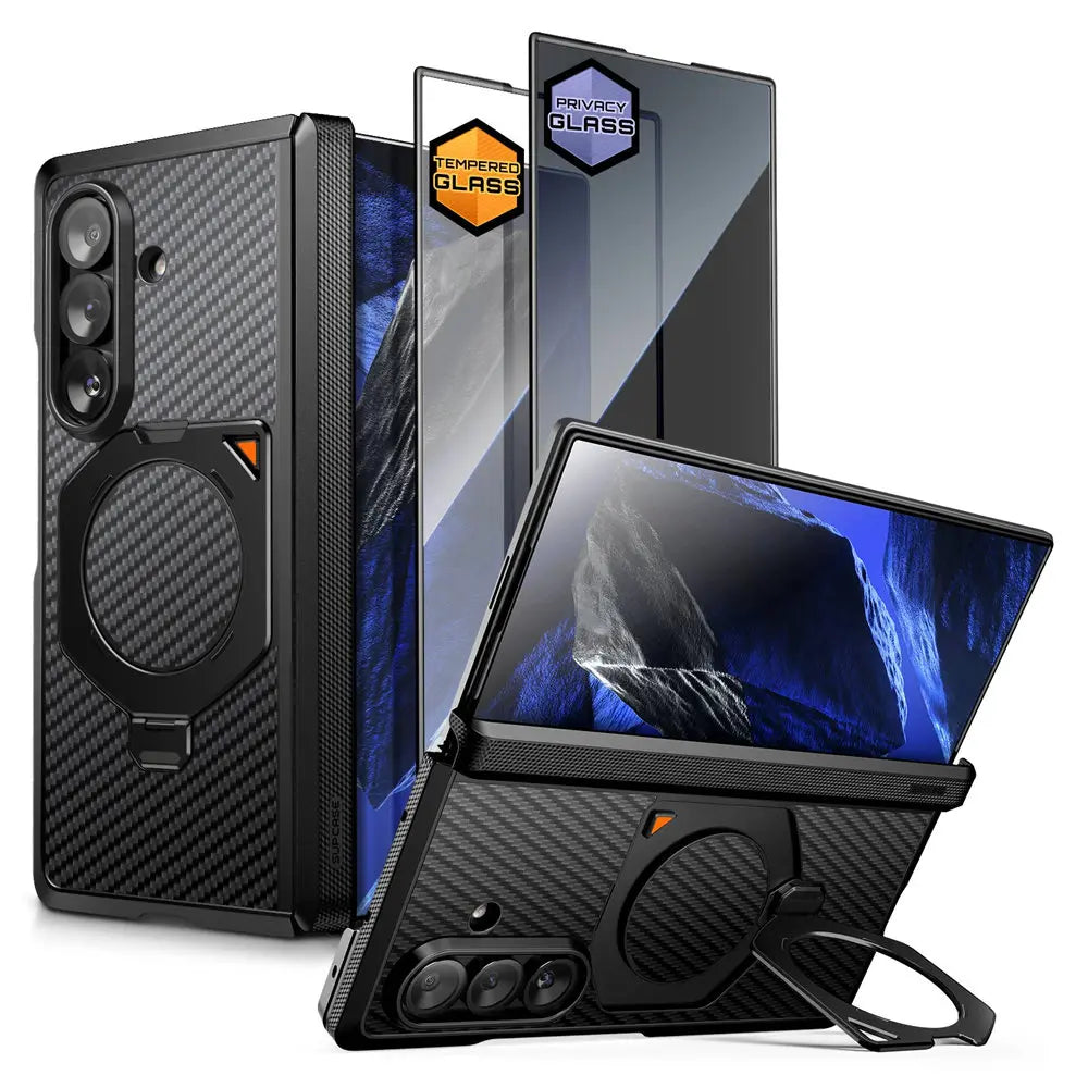 Full Body Rugged Phone Case with Magnetic Rotating Stand and Two Screen Protectors for Samsung Galaxy Z Fold 7 and Z Fold 8 Ultra