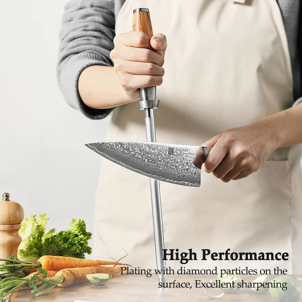 High Carbon Steel With Diamond Sharpeners Kitchen Knife Sharpening Rod Tool with Olive Wood Handle