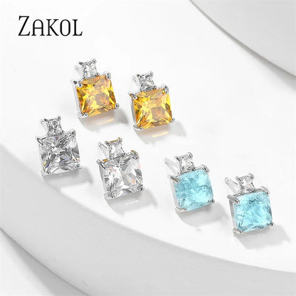 Light Blue Square Cubic Zirconia Stud Earrings