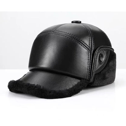 Winter Men's Hat Thicken Leather Cowskin Baseball Caps Bomber Hats With Ears Warm