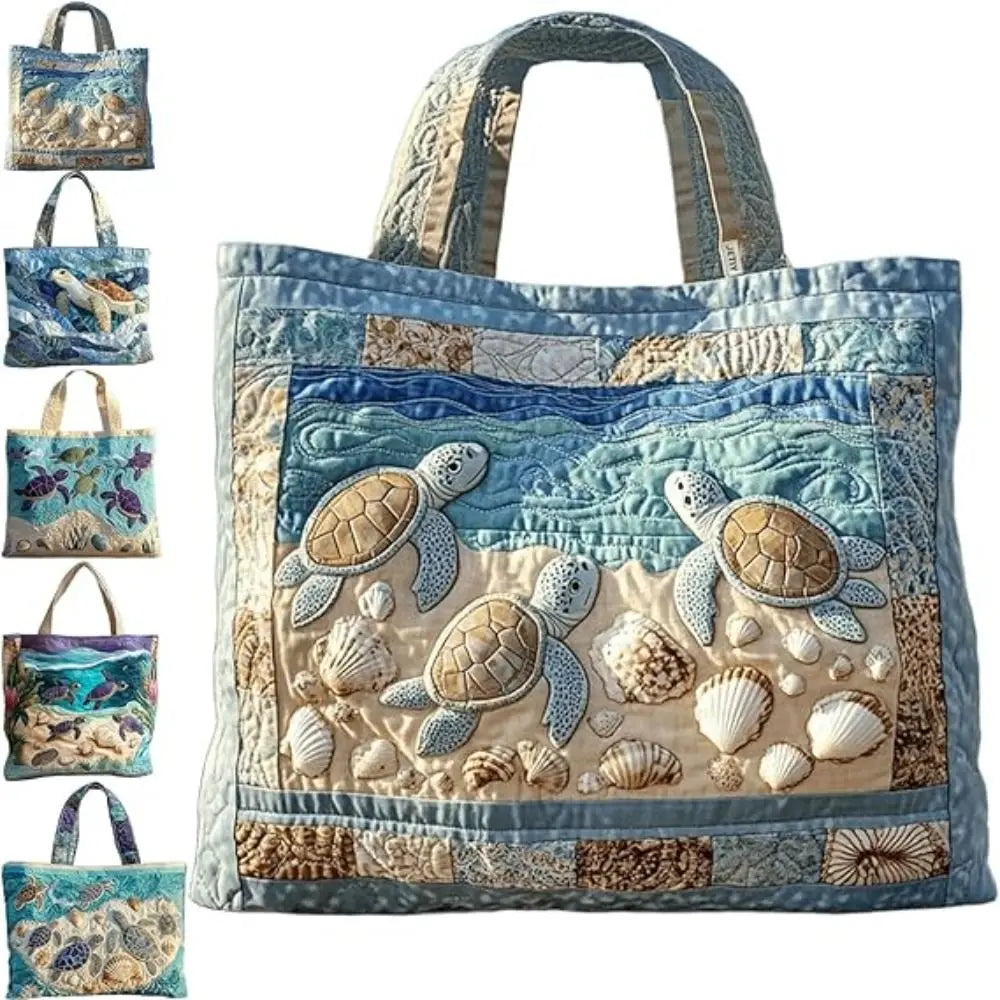 Turtle Print Quilted Canvas Tote Bag Large Capacity Shoulder Handbag