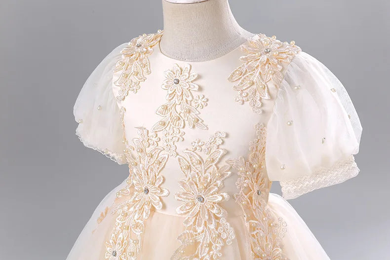 Girls Princess Ball Gown - Fluffy Tulle Party Dress for Flower Girl/Birthday/Pageant | Sparkly Puffy Sleeve Wedding Dress
