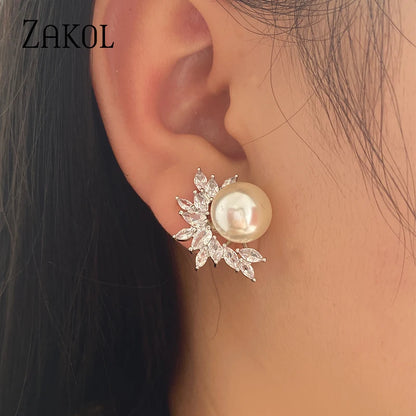 Imitation Pearl Leaf Stud Earrings for Women Fashion White Marquise Zircon Earring