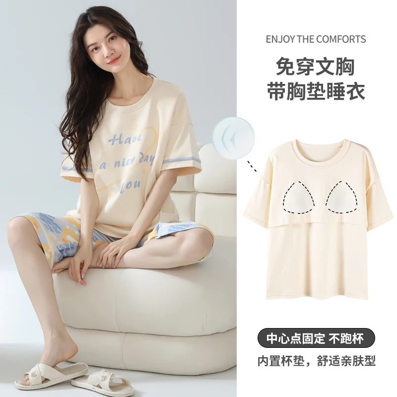 2-Pcs Women’s Cotton Pajama Set – Breathable Short Sleeve Summer Sleepwear with Cute Prints