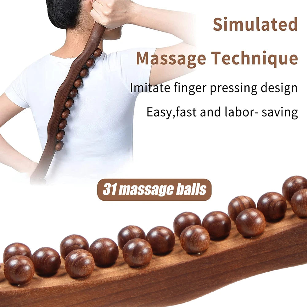 Guasha Wood Stick Tool Wood Therapy Massage Tool for Body Shaping,31 Beads Back Massage Roller Stick,Lymphatic Drainage Massager