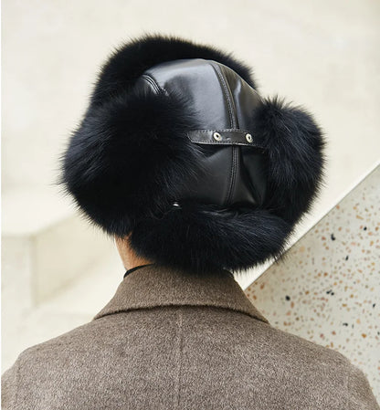 Fox Fur Cap Man Winter Genuine 100% Fur Bomber Hat Windproof Warm Earmuffs Male Flat Grey/Black Russian Hat Fitted Casquette