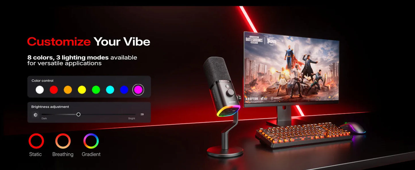 Wireless Dynamic Gaming Microphone with RGB Lighting and Noise Reduction