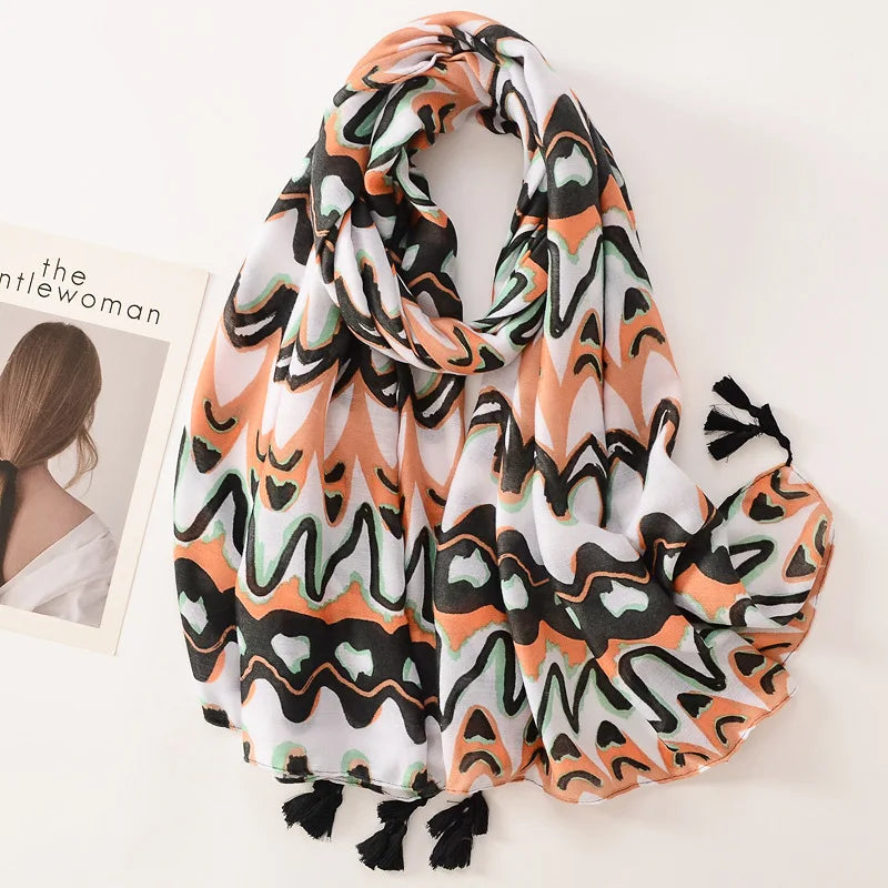 Beige Coffee Scarf Luxury Thin Women Scarves Spring Floral Hijab Veils Soft Cotton Shawl Wrap Tassel Viscose Muslim Woman Hijab