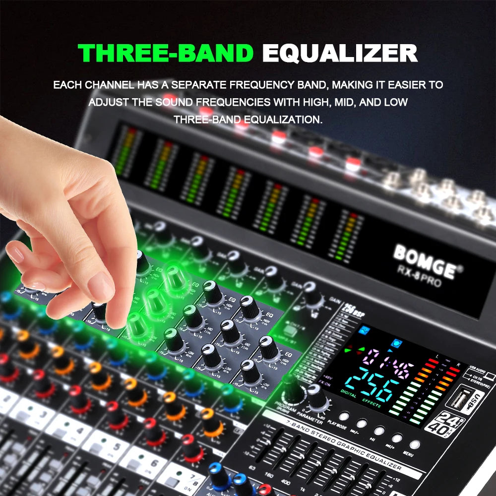 Professional 8 Channel Audio Mixer Console with USB Bluetooth and 256 DSP Effects