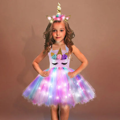 Girls Rainbow Unicorn Light Up Tutu Dresses for Kids Birthday Party Sequins Glowing Knee Length Dress Halloween Animal Costumes