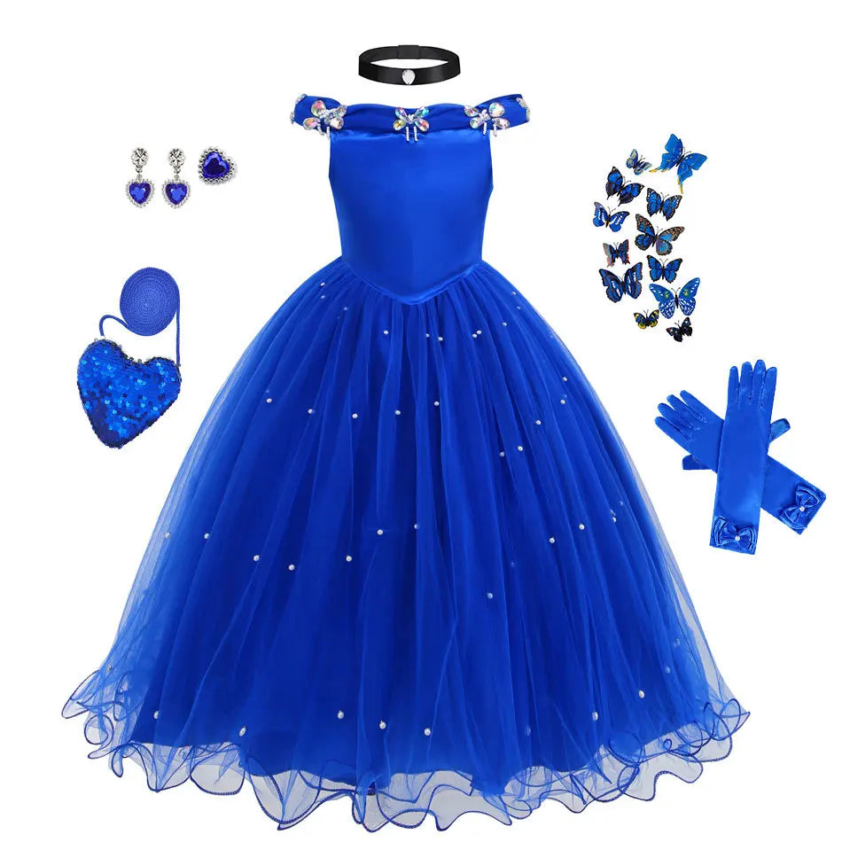 Christmas Halloween Blue Ball Gown - Girls Pearl-Embellished Tulle Dress with Lace Sleeves Princess Birthday Party Dress for Kid