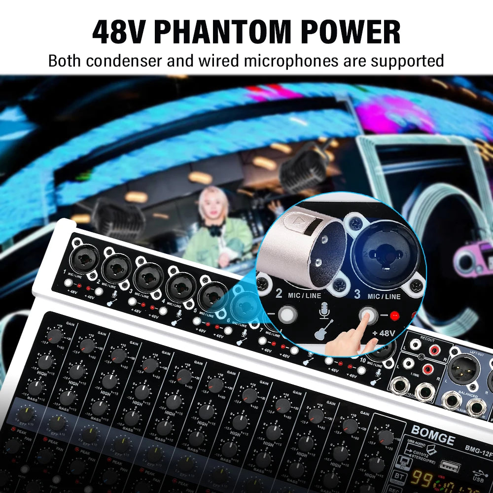 12 Channel Professional Audio Mixer with Bluetooth USB 99 DSP Effects and 48V Phantom Power