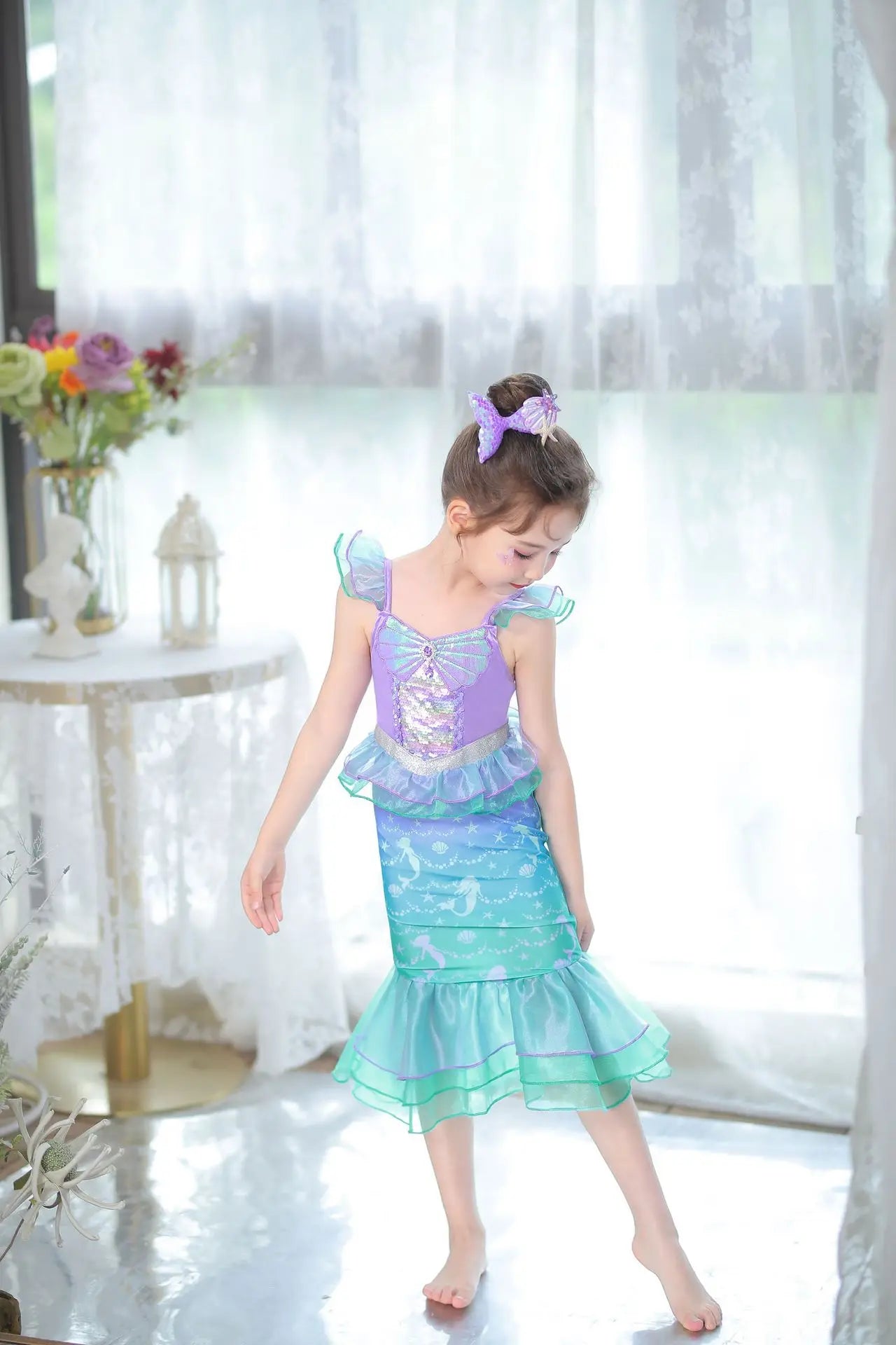 Mermaid Princess Dress for Girls - Summer flutter sleeves Sequin Tulle Dress Sparkling Ocean Themed Party Gown