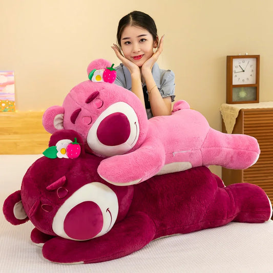 Kawaii Strawberry Bear Plush Stuffed Animal Lying Down Pillow