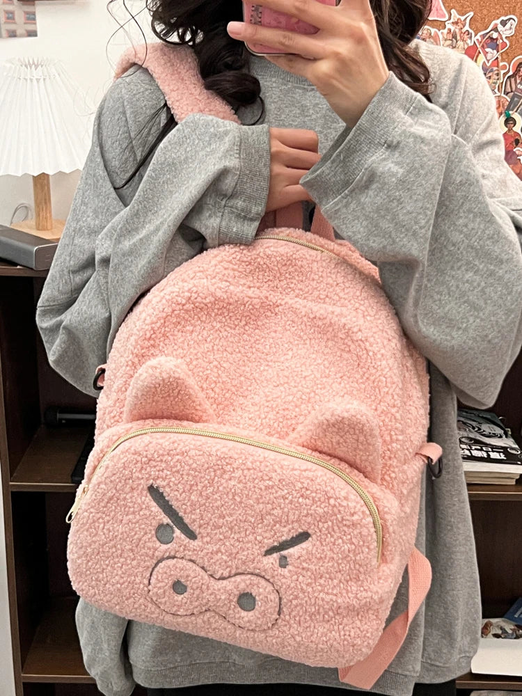 Cute Plush Pig Velvet Backpack Large Capacity Shoulder Bag