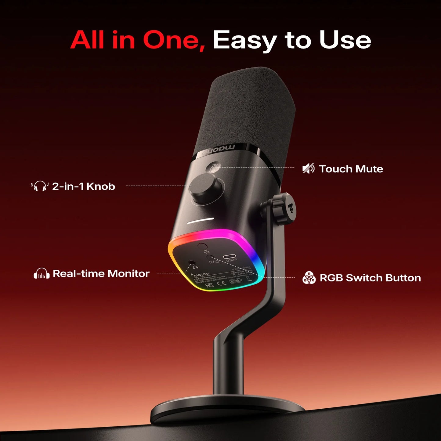 Wireless Dynamic Gaming Microphone with RGB Lighting and Noise Reduction