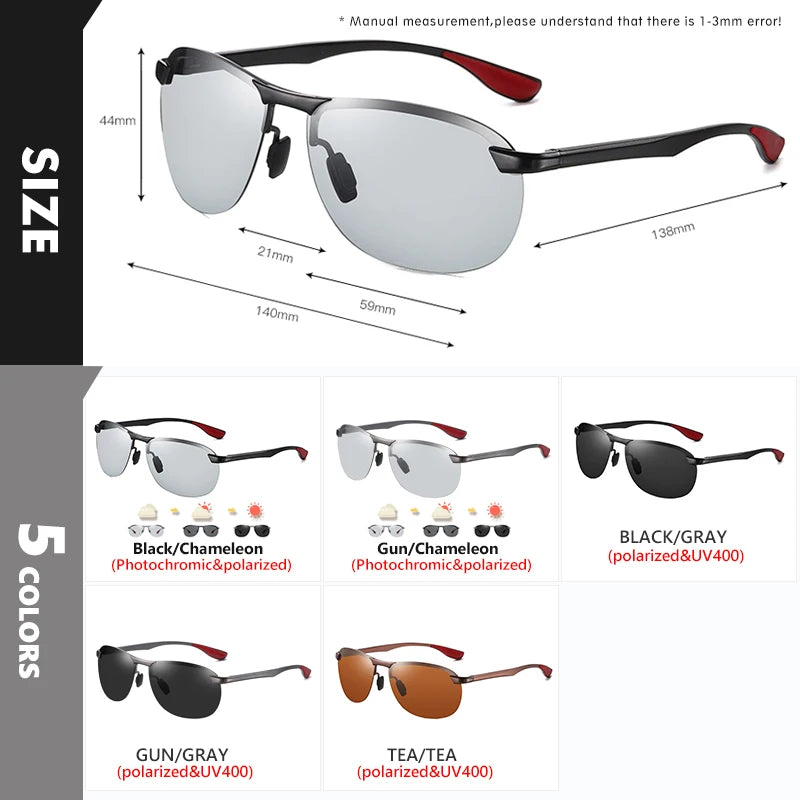 Rimless Photochromic Polarized UV400 Aluminum Driving Sunglasses for Men Women