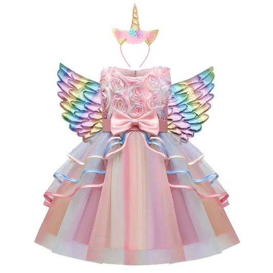 Rose Unicorn Fairy Wings Princess Dress Set