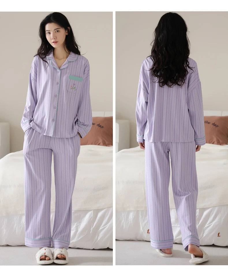 Women’s Winter 100% Cotton Pajama Set – Loose Fit, Turn-Down Collar, Long Sleeves, Cute Pink
