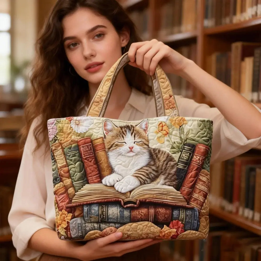 Cat Print Quilted Cotton Tote Bag Large Capacity Travel Shopping Handbag