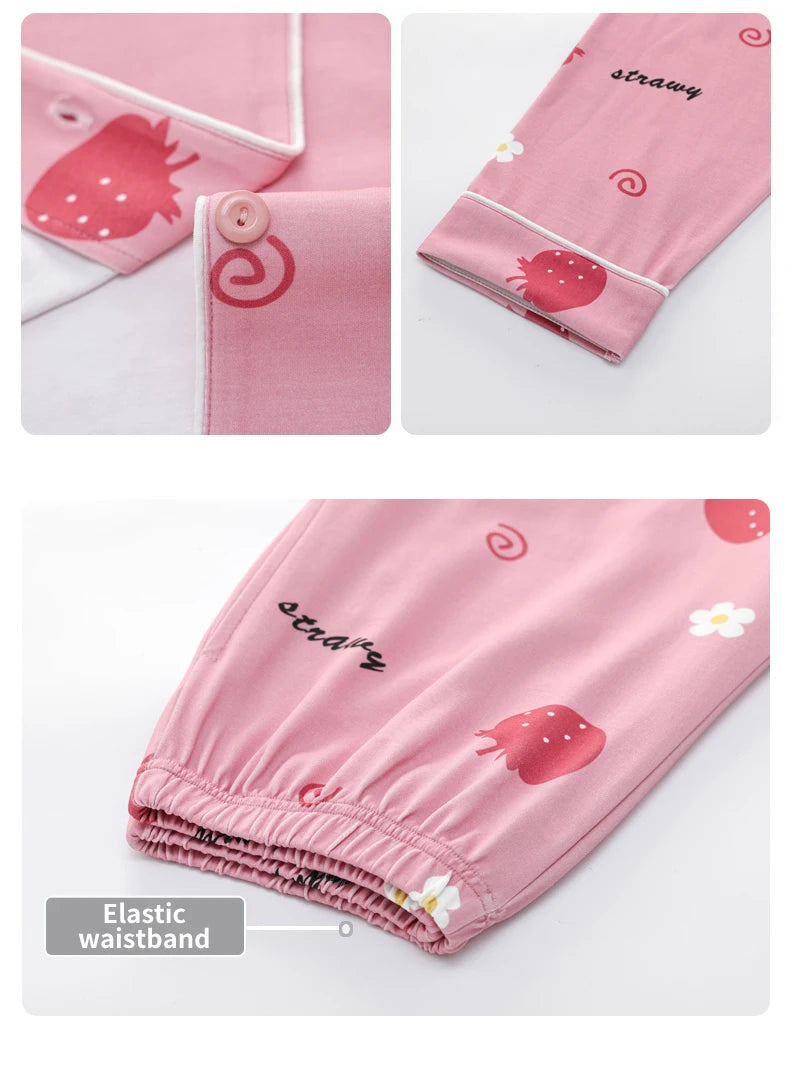 Women’s Winter 100% Cotton Pajama Set – Loose Fit, Turn-Down Collar, Long Sleeves, Cute Pink